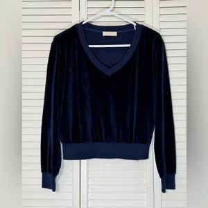 Suzie Kondi The Vari V-Neck Velour Top Sweatshirt Navy Blue Pullover Size XS